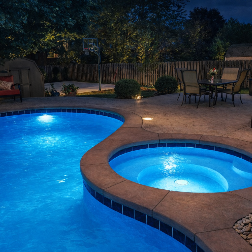 Night view of glowing pool and raised circular spa with patio seating
