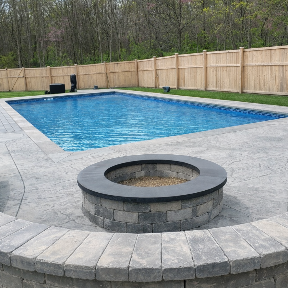Large rectangular pool with circular fire pit on a stone patio
